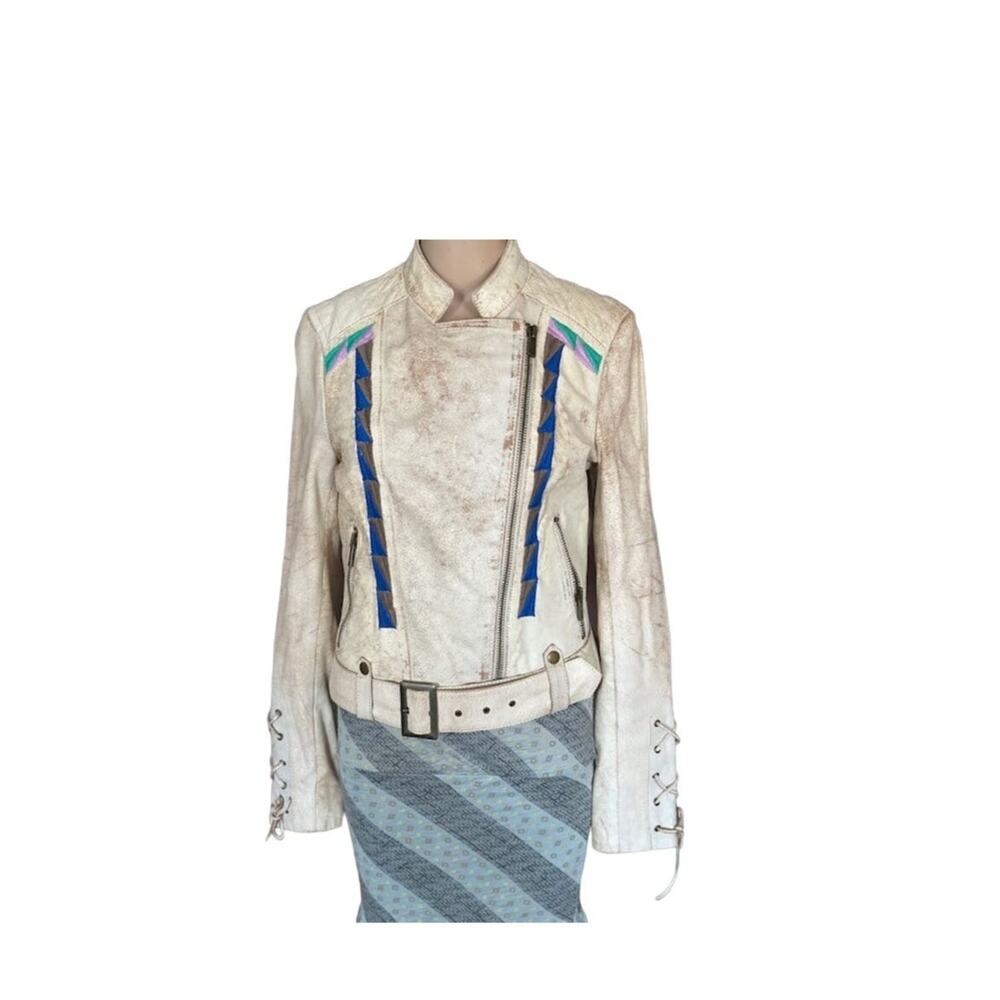 Embroidered and Distressed White Leather Motorcycle Jacket